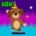 A tiny, badly compressed pixel-art dog in a party hat dancing on its hind legs against a garish purple background, with the word WOW flashing.